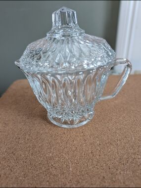 Clear Pressed Glass Covered Sugar Bowl with Handle
